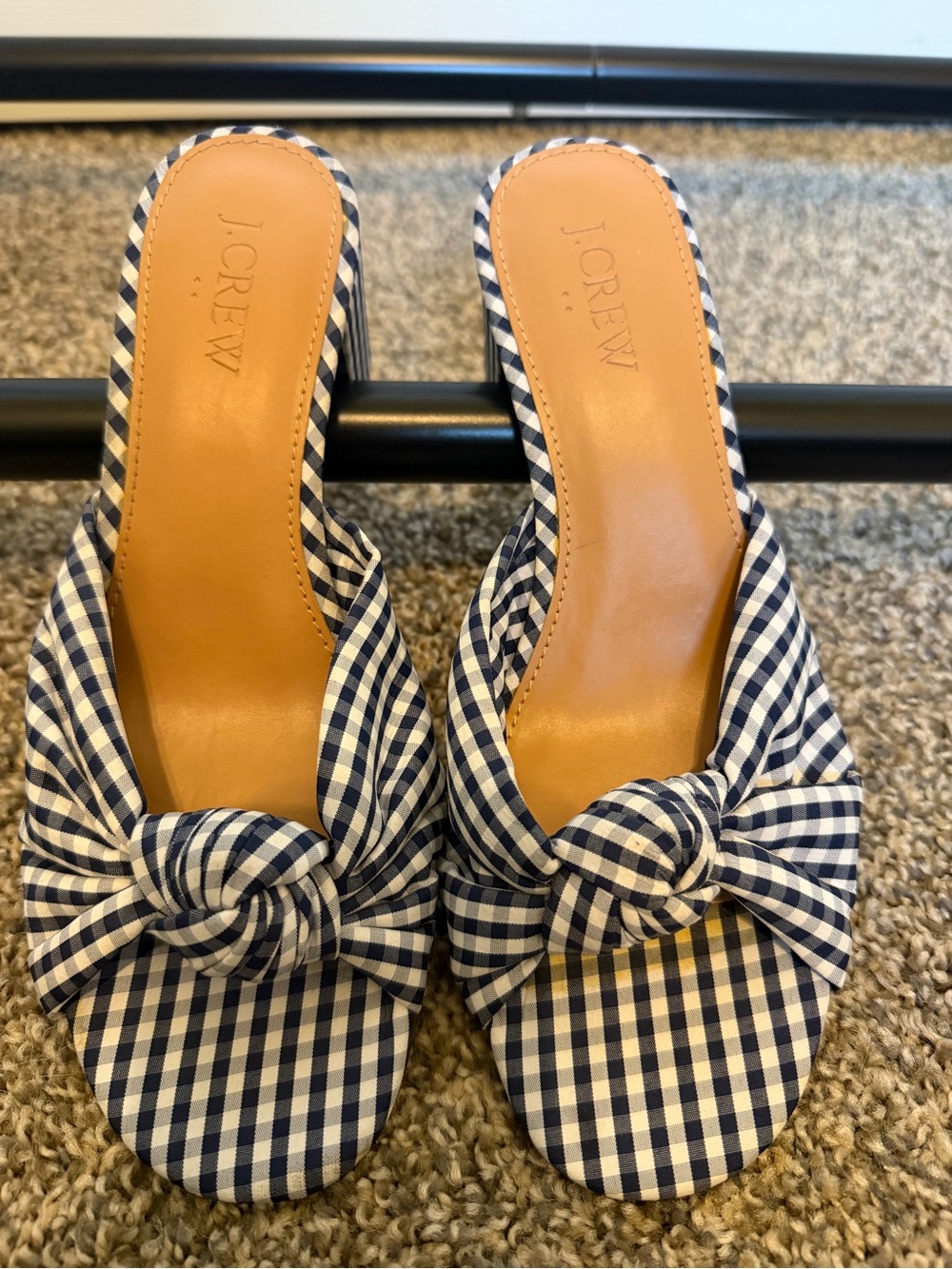 J. Crew Navy Gingham Knot-Front Mules